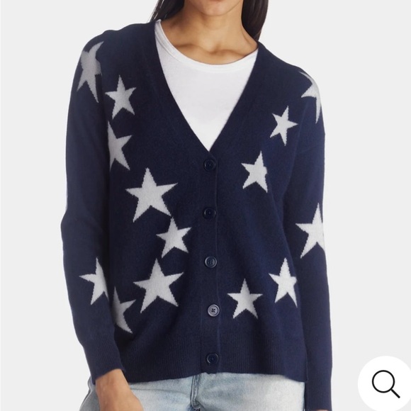 SPRING & MERCER BOYFRIEND STAR CASHMERE CARDIGAN MEDIEVAL NAVY/FADED SKY - S - Picture 1 of 8